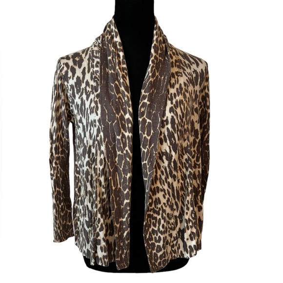🎁 Elie Tahari Brown Leopard Print Babydoll Silk Cashmere Cardigan Sweater - Picture 1 of 6